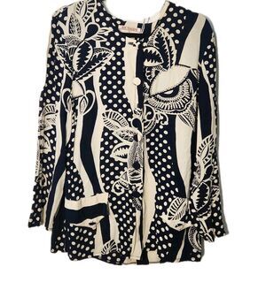 Richards Vtg Made UK Navy Cream Art Wearable Art Lagenlook Button Blouse SZ 14